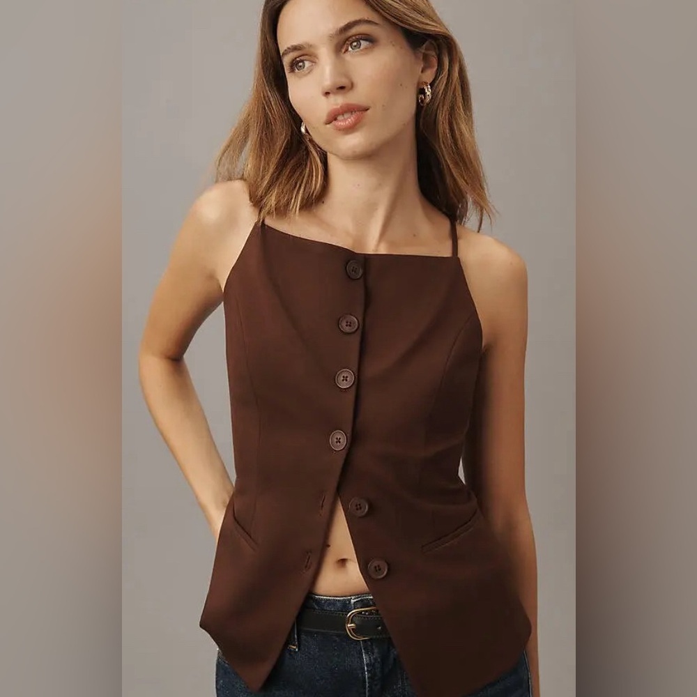 Anthropologie Brown Button-Front Square Neck Tank